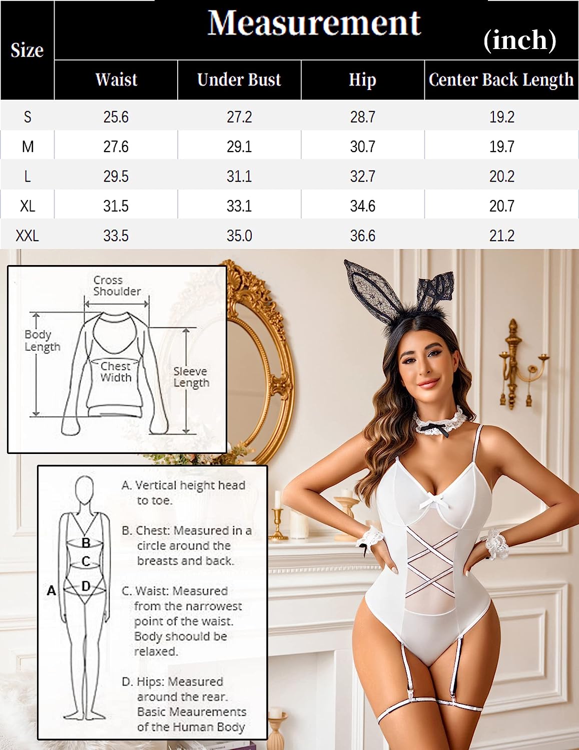 Avidlove Cosplay Lingerie Anime Costume Bodysuit Set Bunny Teddy Lingerie 3PC Maid Outfit
