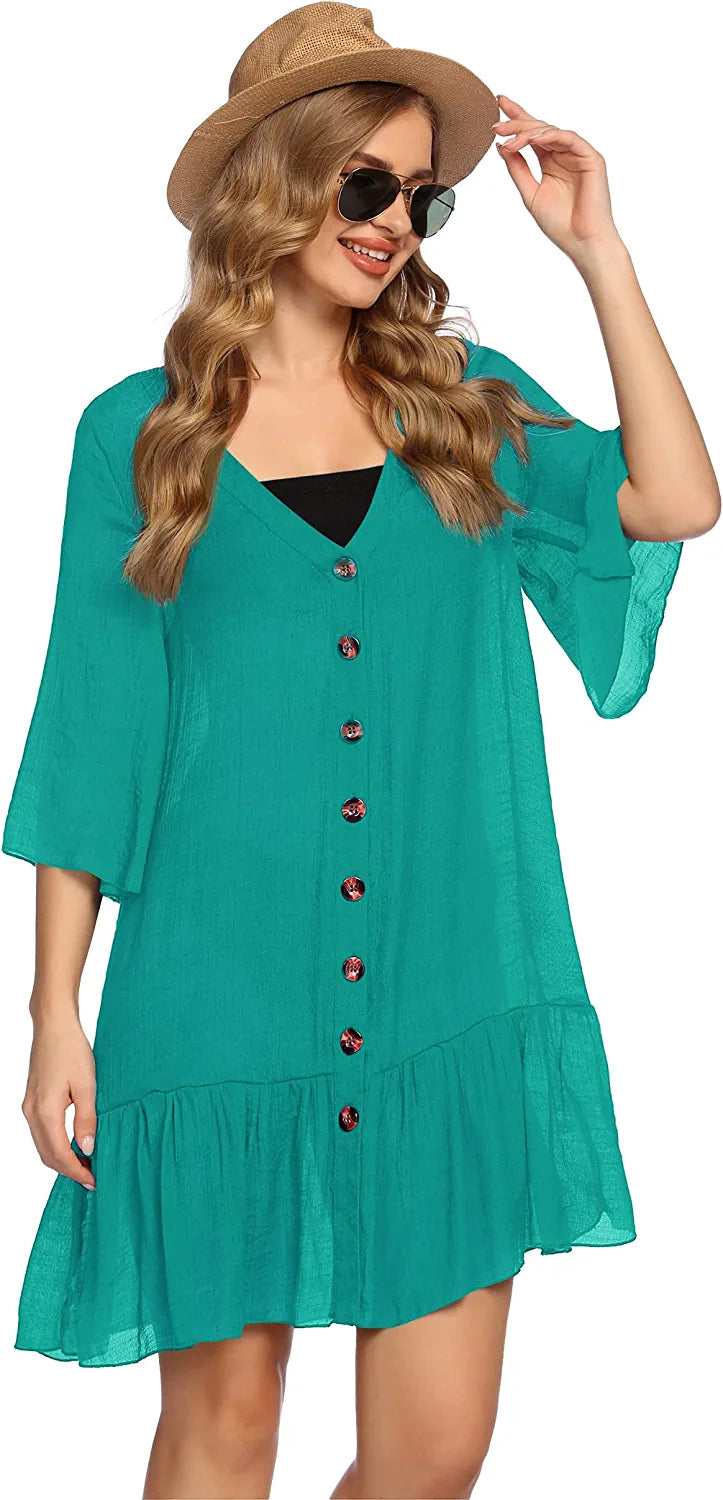 Avidlove Casual Swim Cover up V-Neck Summer Beachwear Coverups Flowy Short Sleeve Mini Beach Dress