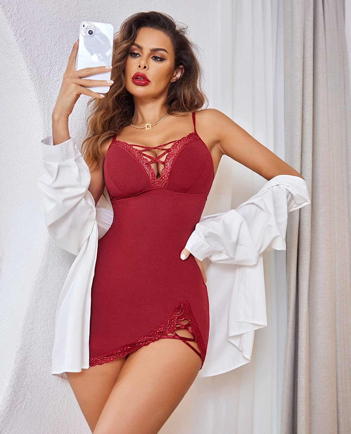 Avidlove Nightgown V-Neck Babydoll Chemises Lace Modal Sleepwear Full Slip Side Slit Sleep Dress XS-XL