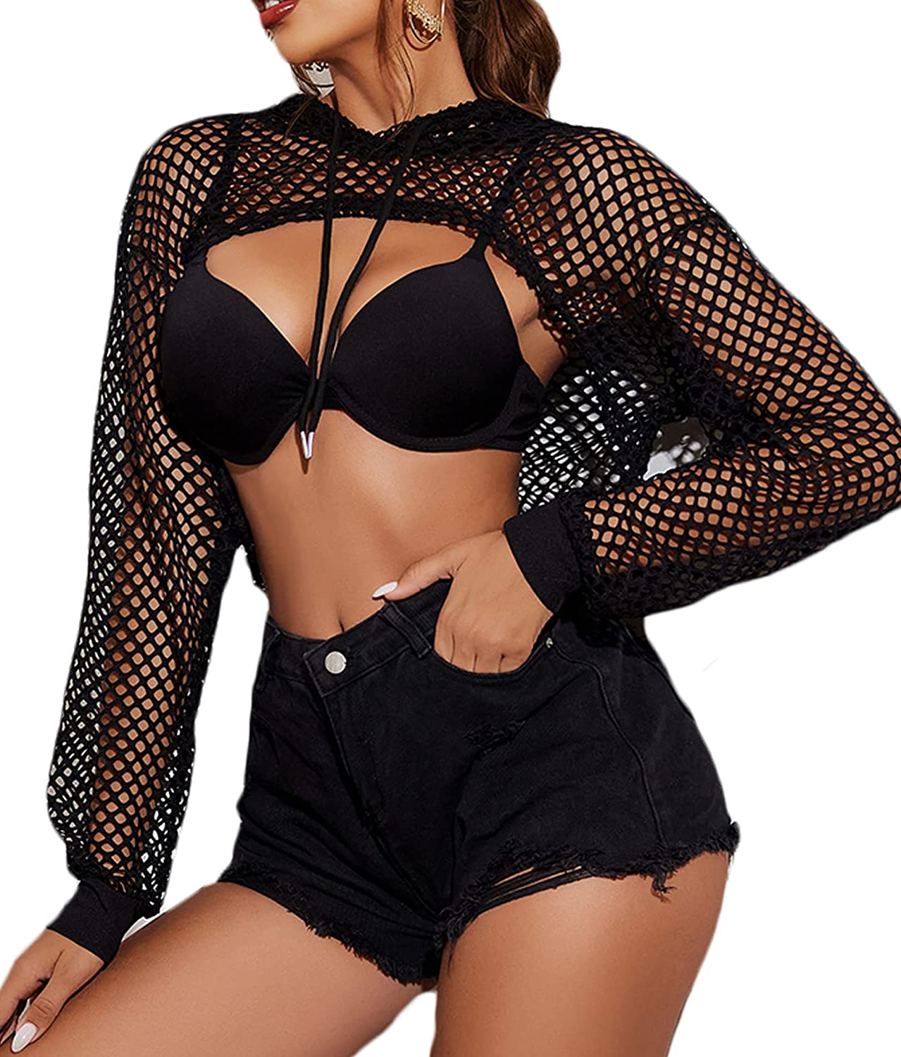 Avidlove Mesh Hoodie Crop Top Fishnet Shirt Long Sleeve Crop Top Hoodie