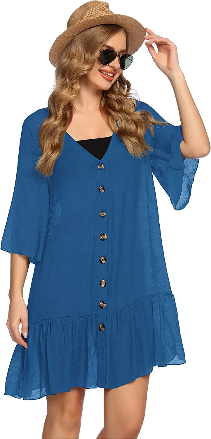 Avidlove Casual Swim Cover up V-Neck Summer Beachwear Coverups Flowy Short Sleeve Mini Beach Dress