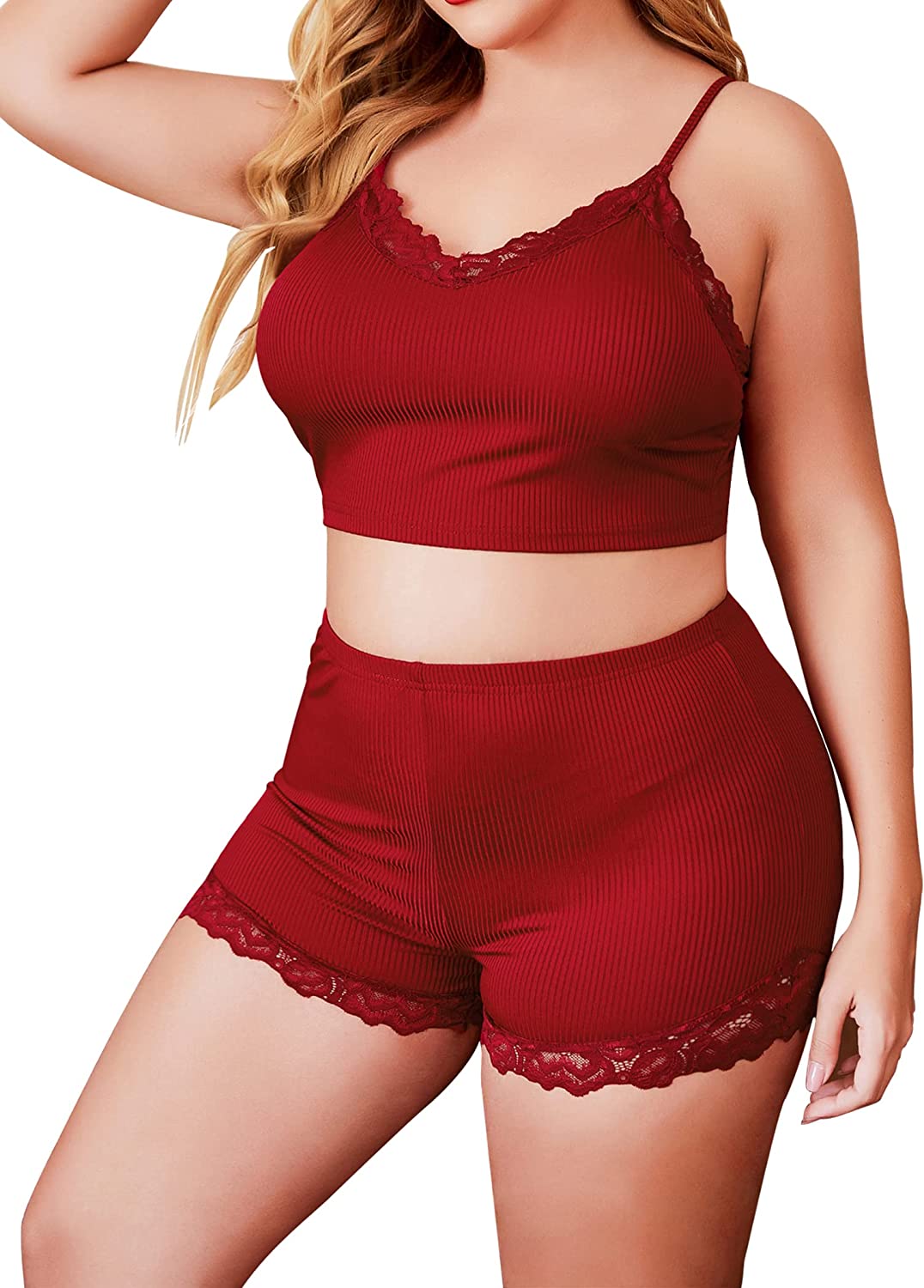 Avidlove Plus Size Lingerie Set Lace V Neck Cami Top and Shorts Pajama Set