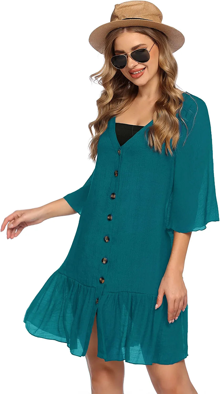 Avidlove Casual Swim Cover up V-Neck Summer Beachwear Coverups Flowy Short Sleeve Mini Beach Dress