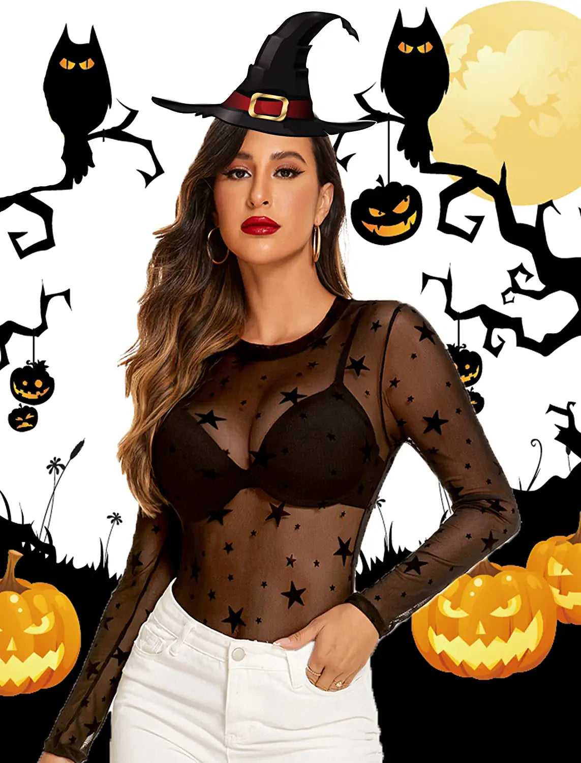 Avidlove Long Sleeve Mesh Bodysuit Round Neck Sheer Leotards Geo Print Bodysuit Top with Snap Crotch