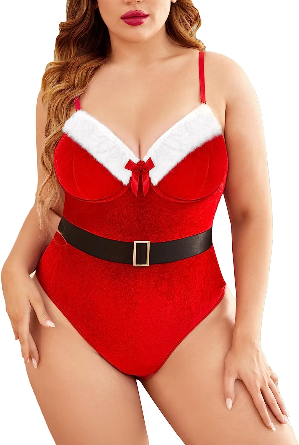 Avidlove Plus Size Christmas Lingerie Teddy Bodysuit One Piece Santa Babydoll with Belt