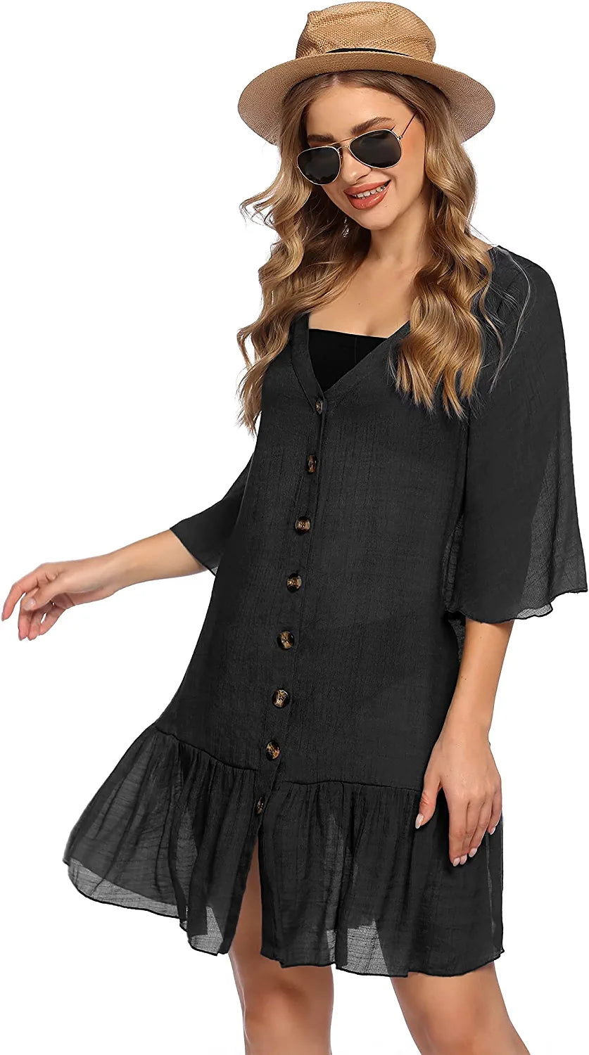 Avidlove Casual Swim Cover up V-Neck Summer Beachwear Coverups Flowy Short Sleeve Mini Beach Dress
