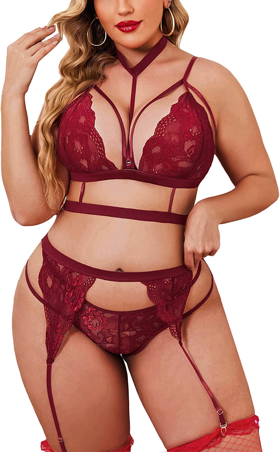 Avidlove Garter Lingerie Set with Choker Strappy Bra and Panty Set Teddy Babydoll Bodysuit (No Stockings)