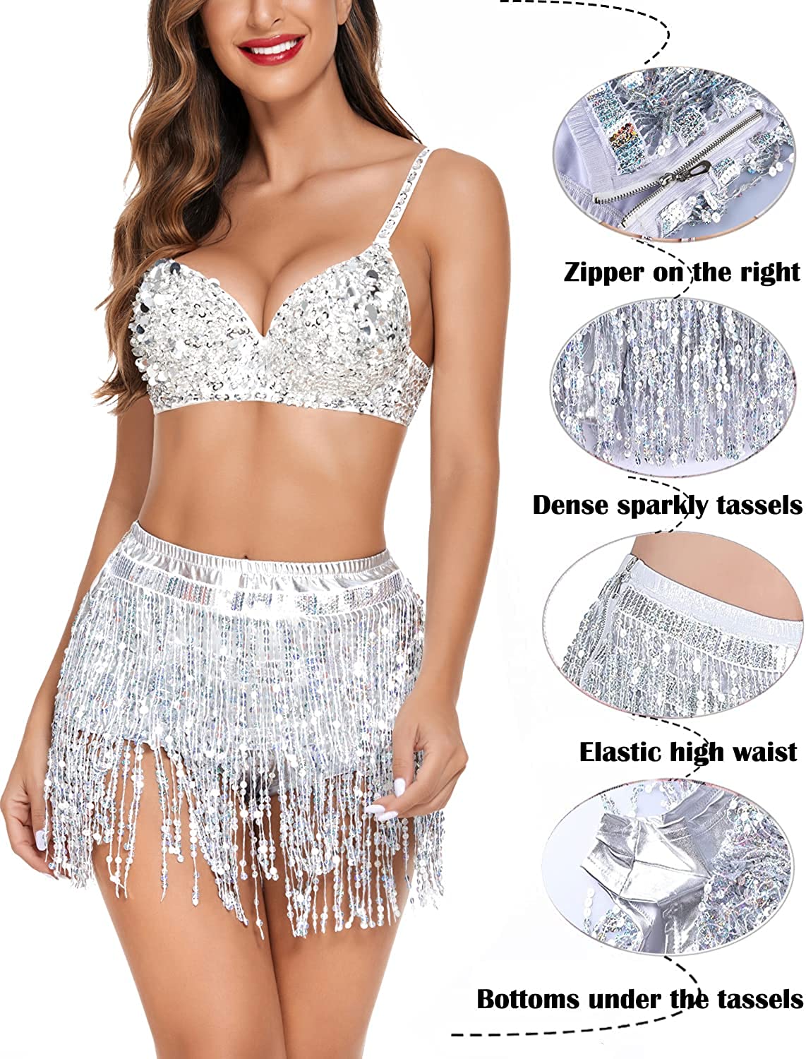 Avidlove Sequin Tassel Skirt Belly Dance Belt Dance Performance Skirt Party Rave Skirt for Women