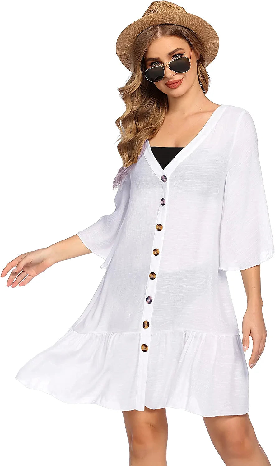 Avidlove Casual Swim Cover up V-Neck Summer Beachwear Coverups Flowy Short Sleeve Mini Beach Dress