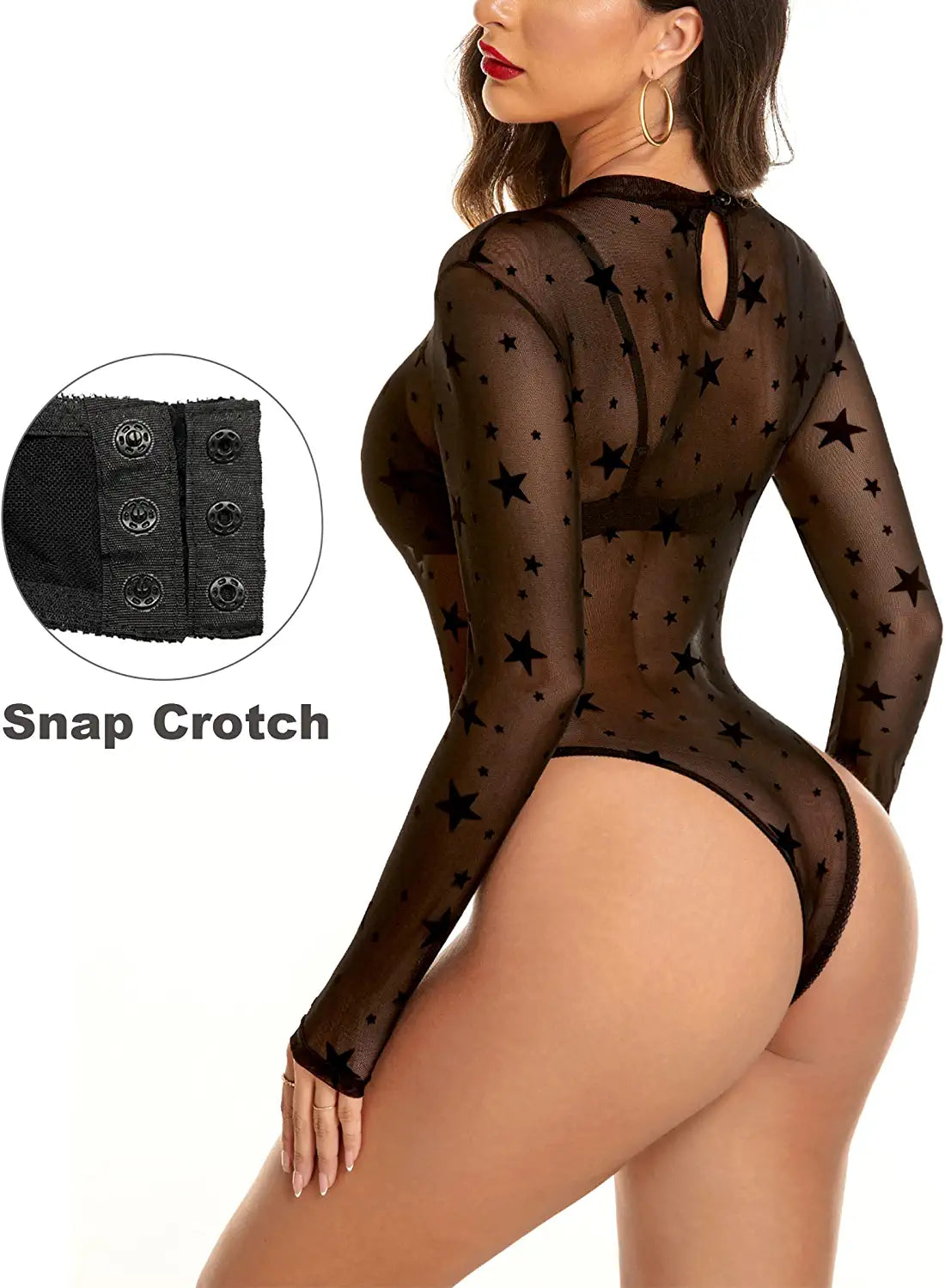 Avidlove Long Sleeve Mesh Bodysuit Round Neck Sheer Leotards Geo Print Bodysuit Top with Snap Crotch