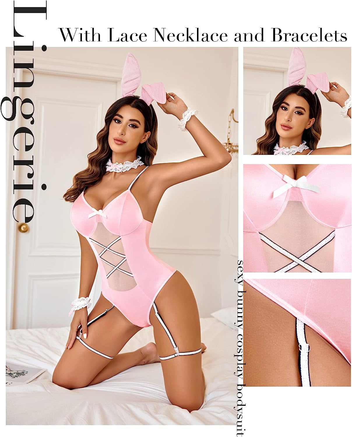 Avidlove Cosplay Lingerie Anime Costume Bodysuit Set Bunny Teddy Lingerie 3PC Maid Outfit
