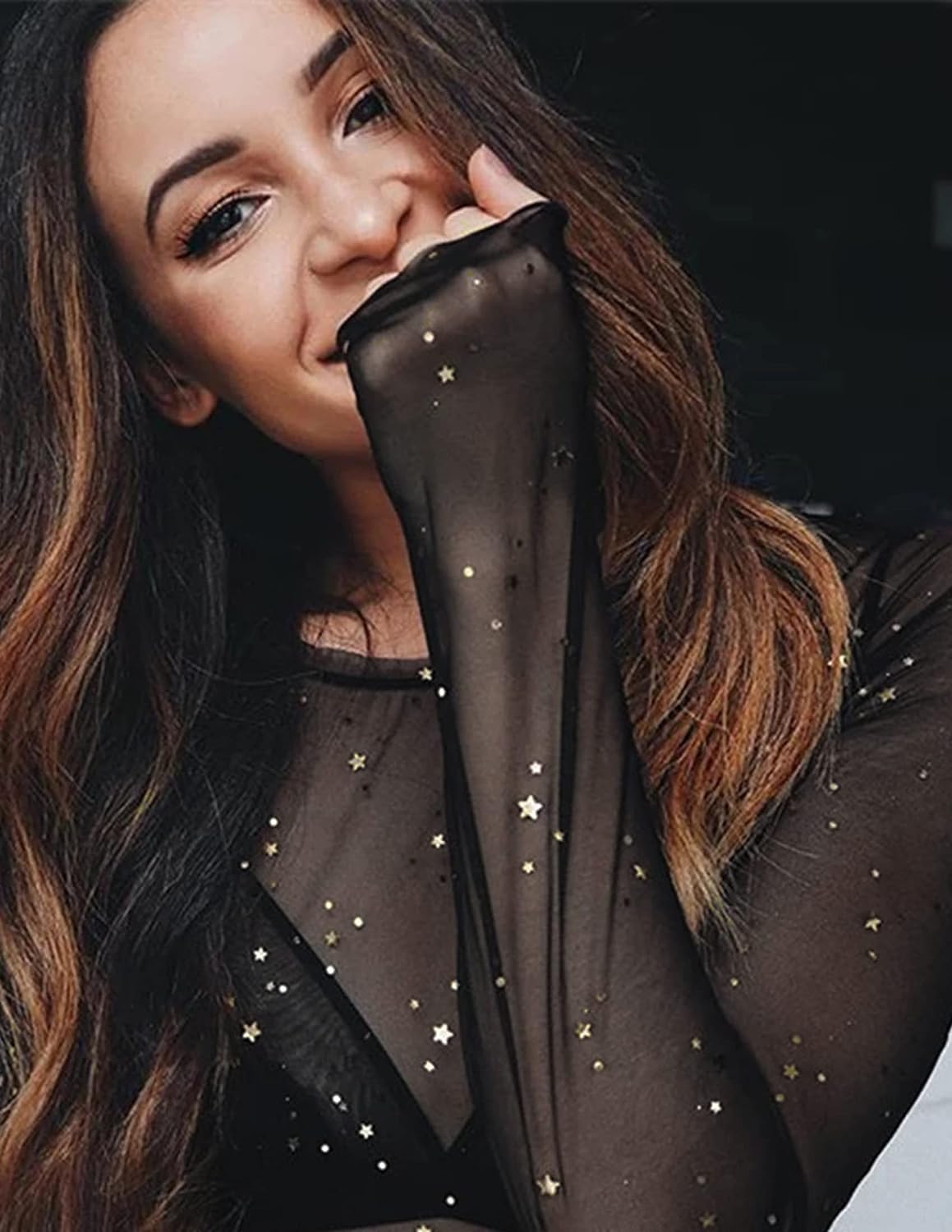 Avidlove Mesh Bodysuit Black Long Sleeve Bodysuit Round Neck Sheer Leotards Bodysuit Tops Snap Crotch