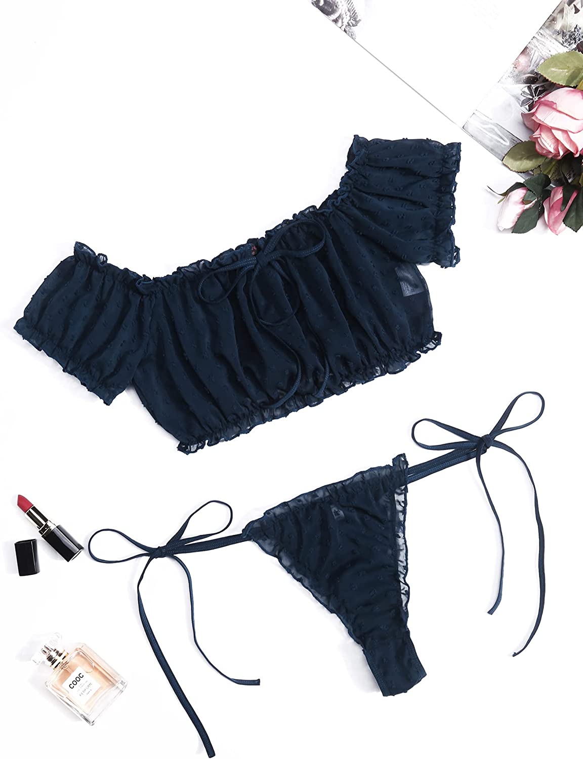 Avidlove Bra and Panty Set Ruffle Lingerie Set Mesh Babydoll Chemise