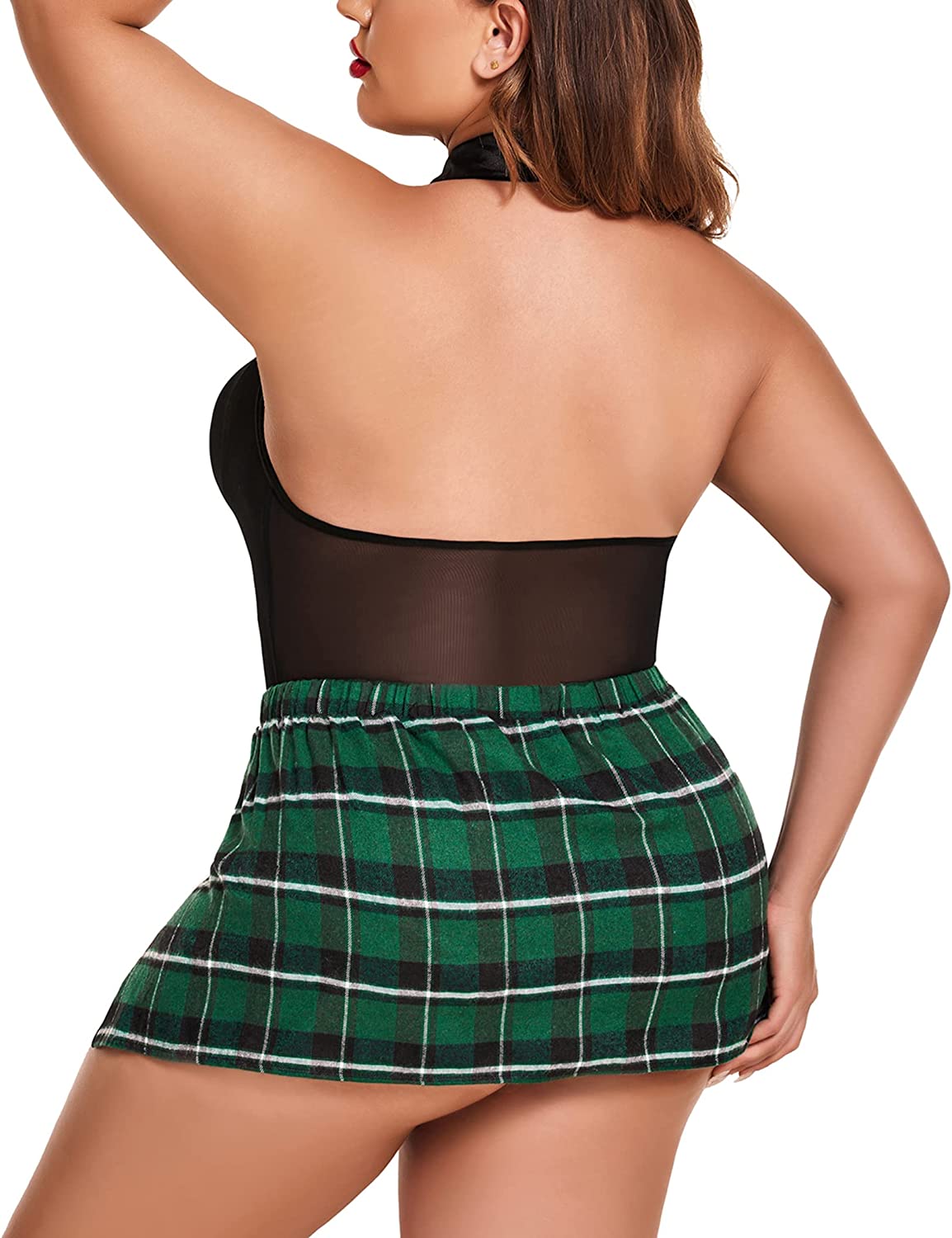 Avidlove Plus Size Lingerie Lingerie Set with Tie Halter Snap Crotch Teddy Bodysuit Plaid Skirt L-4XL