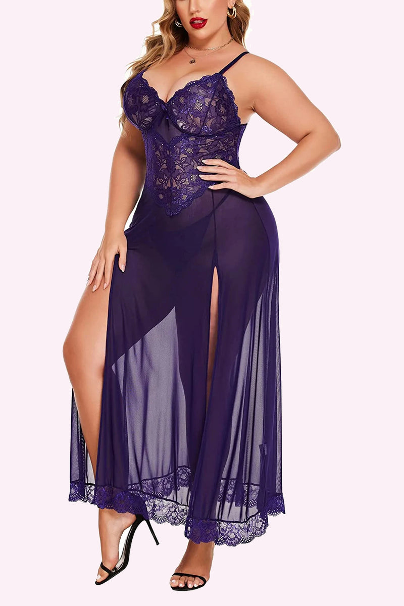 Avidlove Plus Size Lingerie For Babydoll Mesh Maxi Nightdress Strappy Exotic Sleepwear Side Slits