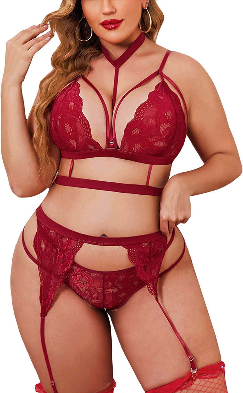 Avidlove Garter Lingerie Set with Choker Strappy Bra and Panty Set Teddy Babydoll Bodysuit (No Stockings)