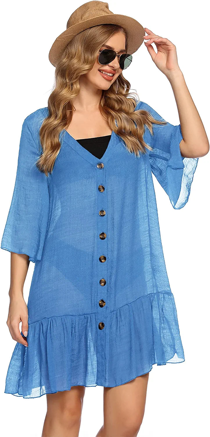 Avidlove Casual Swim Cover up V-Neck Summer Beachwear Coverups Flowy Short Sleeve Mini Beach Dress