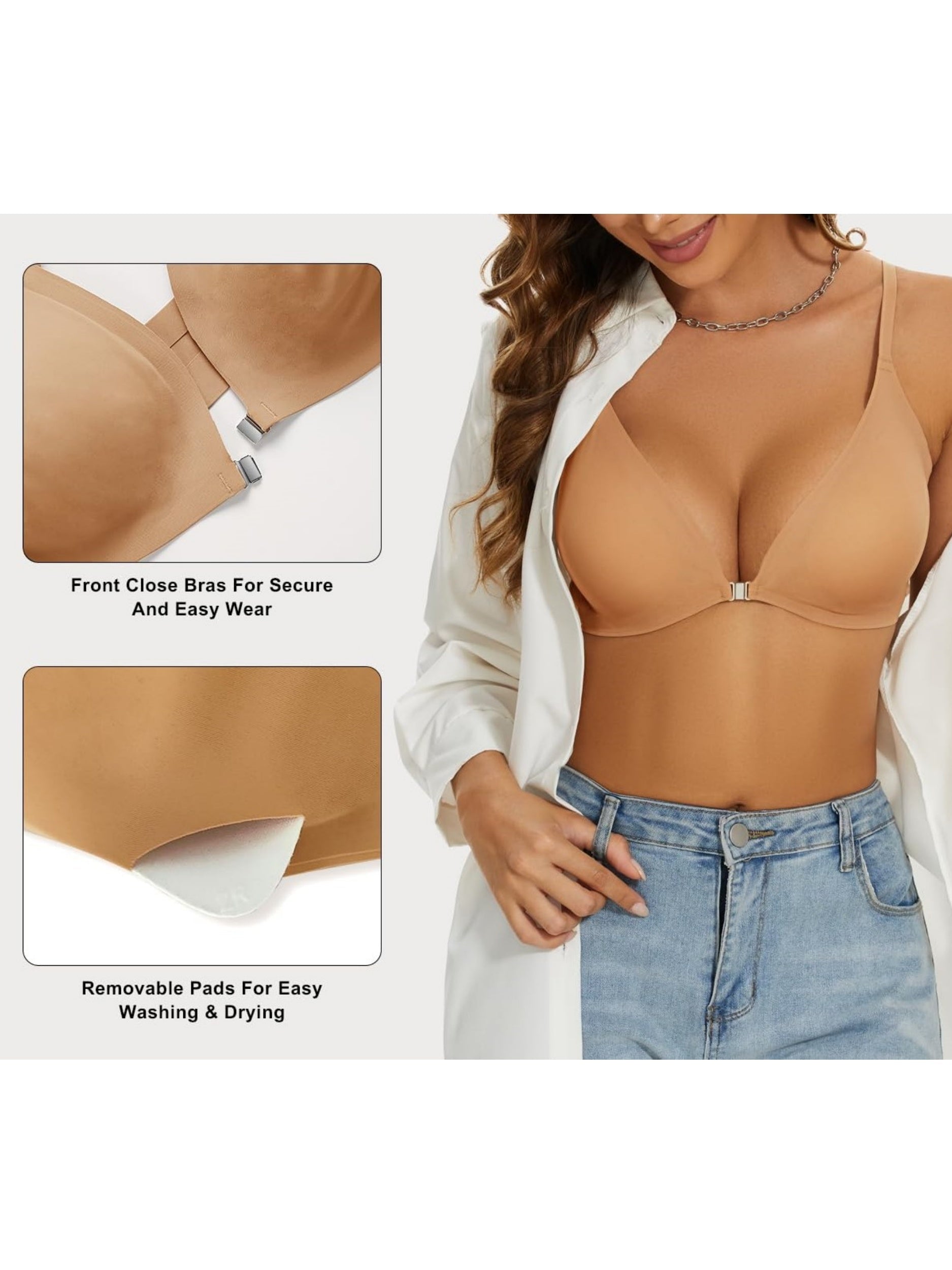 Comfortable Adjustable Straps Deep V Front Button Solid Color Wireless Bra Tan