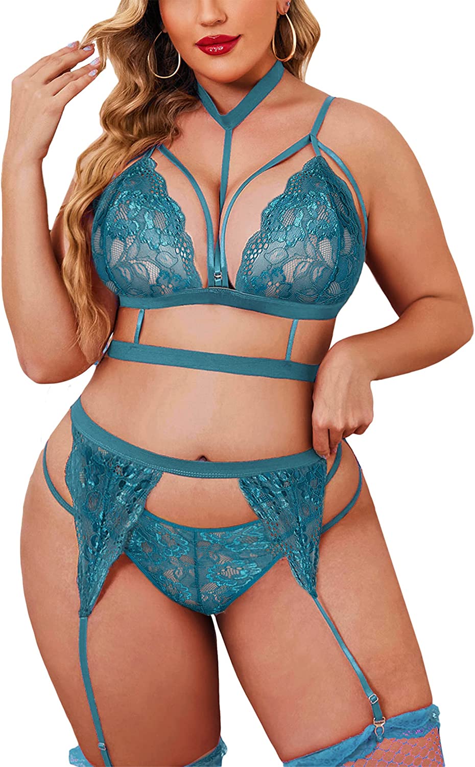 Avidlove Garter Lingerie Set with Choker Strappy Bra and Panty Set Teddy Babydoll Bodysuit (No Stockings)