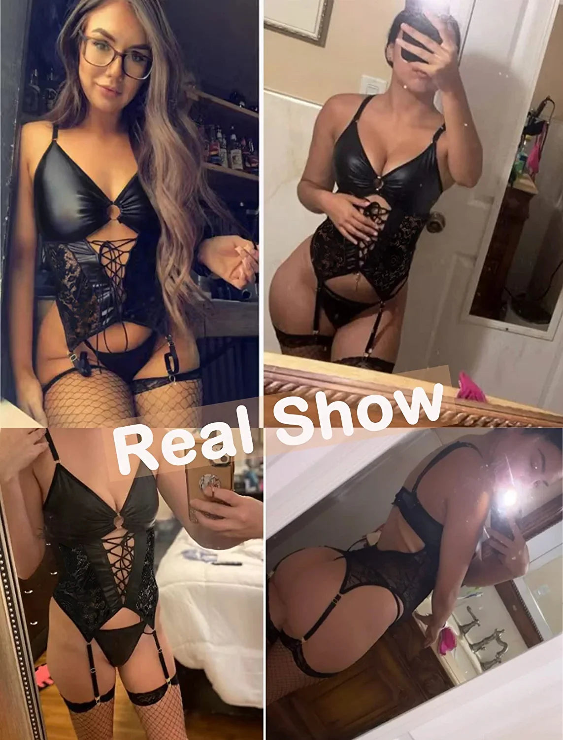 Avidlove Leather Bodysuit Lace Up Corset Set With Garter Lace Bodysuit Teddy with Panty