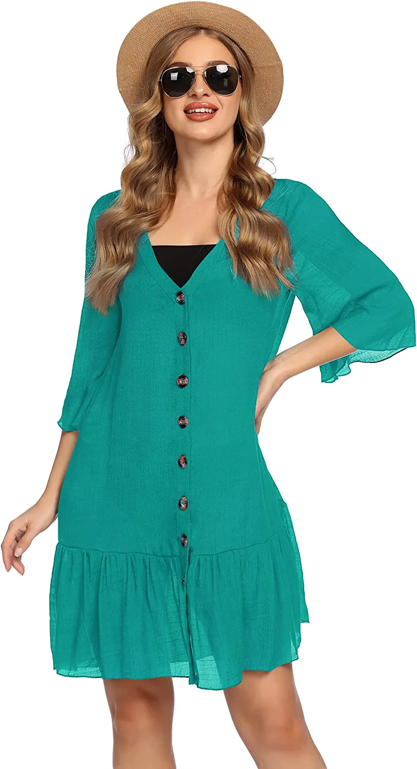 Avidlove Casual Swim Cover up V-Neck Summer Beachwear Coverups Flowy Short Sleeve Mini Beach Dress
