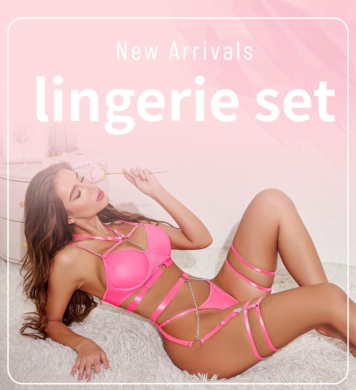 Avidlove Lingerie Set Strappy 5 Piece Lingerie Garter with Underwire Push Up Bra and Chain