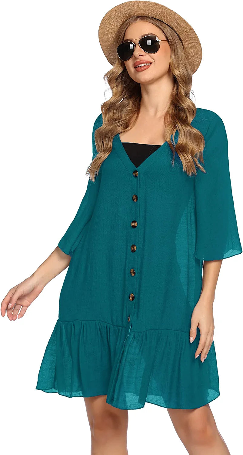 Avidlove Casual Swim Cover up V-Neck Summer Beachwear Coverups Flowy Short Sleeve Mini Beach Dress