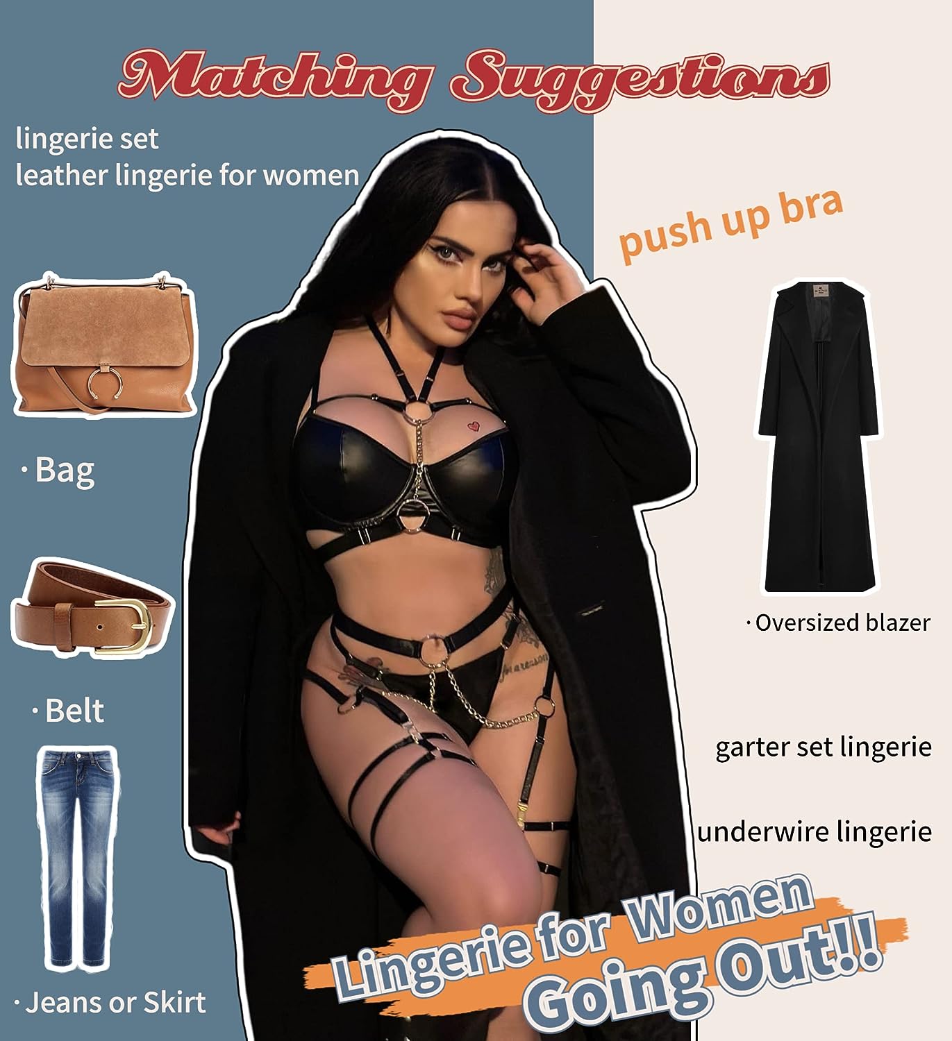 Avidlove Lingerie Set Strappy 5 Piece Lingerie Garter with Underwire Push Up Bra and Chain