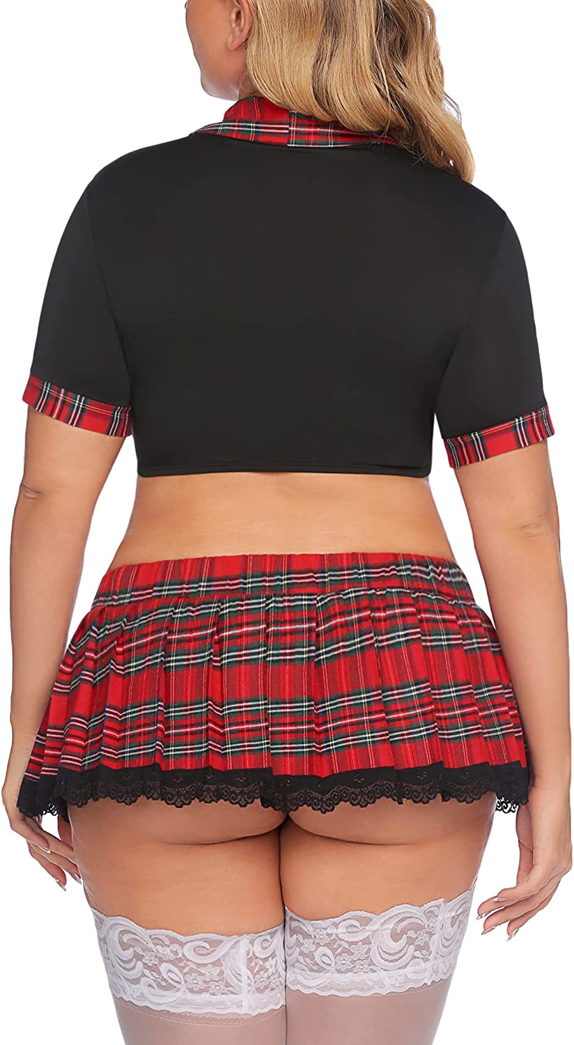 Avidlove Lingerie for Plus Size School Girl Lingerie Role Playing Outfit with Tie Top and Mini Pleated Skirt