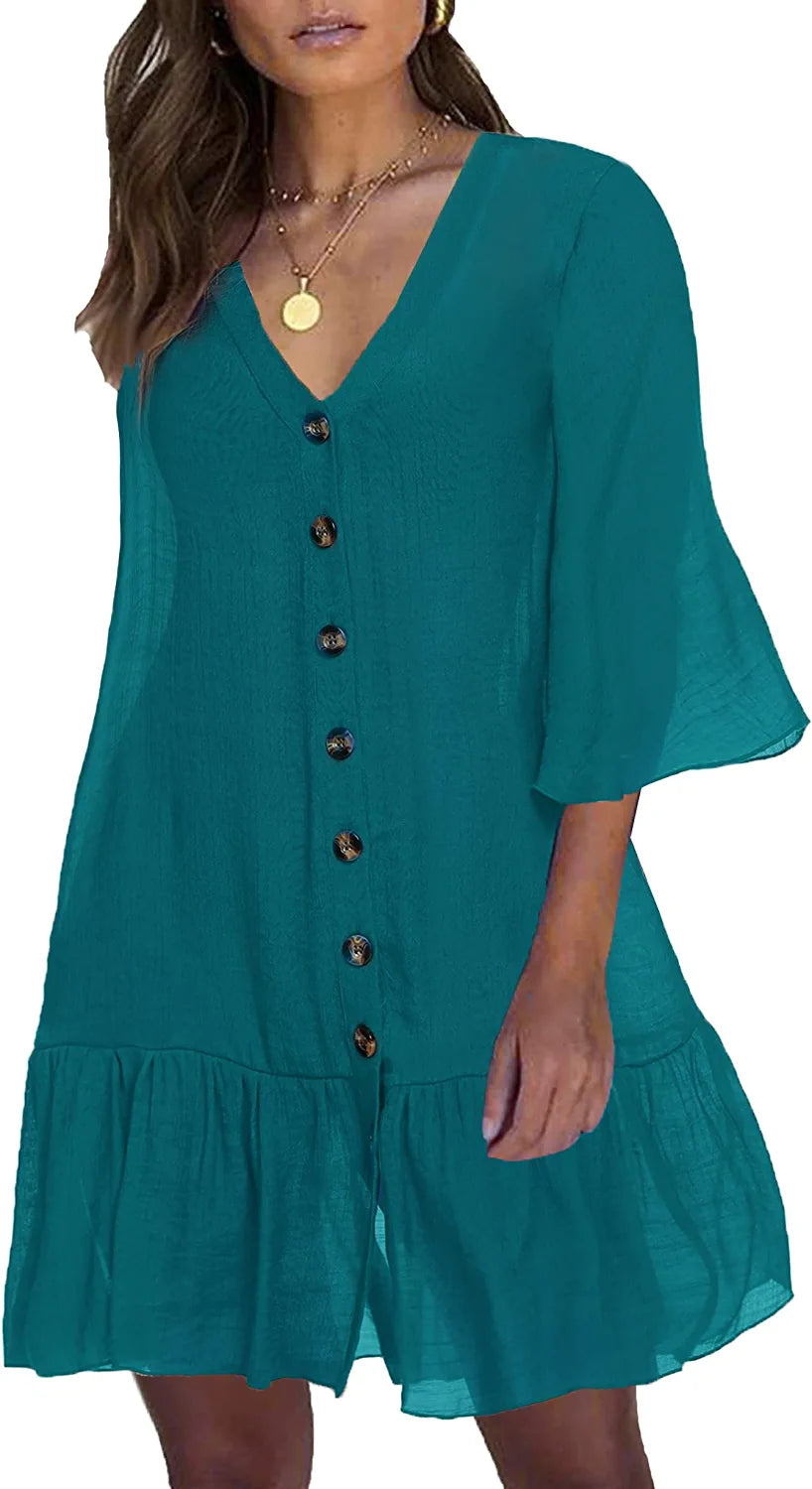 Avidlove Casual Swim Cover up V-Neck Summer Beachwear Coverups Flowy Short Sleeve Mini Beach Dress