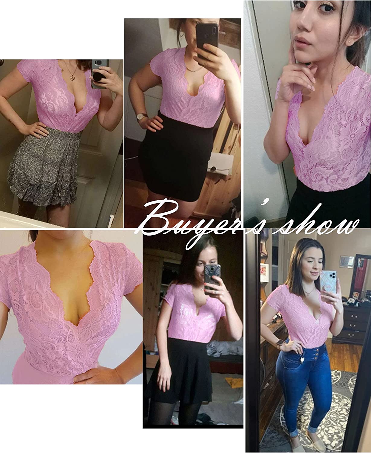 Avidlove Lace Short Sleeve Bodysuit Deep V Snap Crotch Clubwear Tops S-XXL