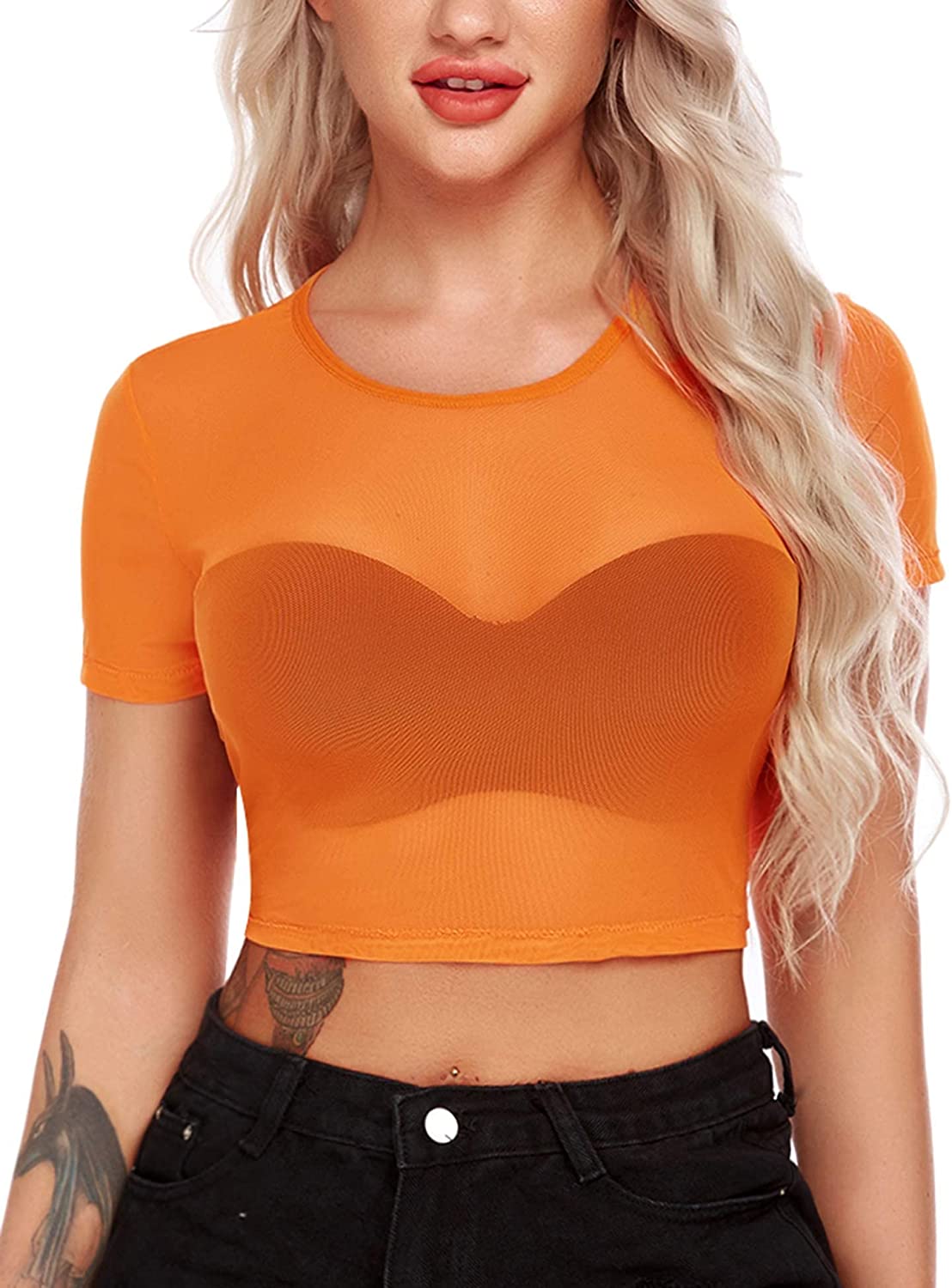 Avidlove Mesh Crop Top for Short Sleeve Bodycon Tees See Through Blouse O Neck Clubwear