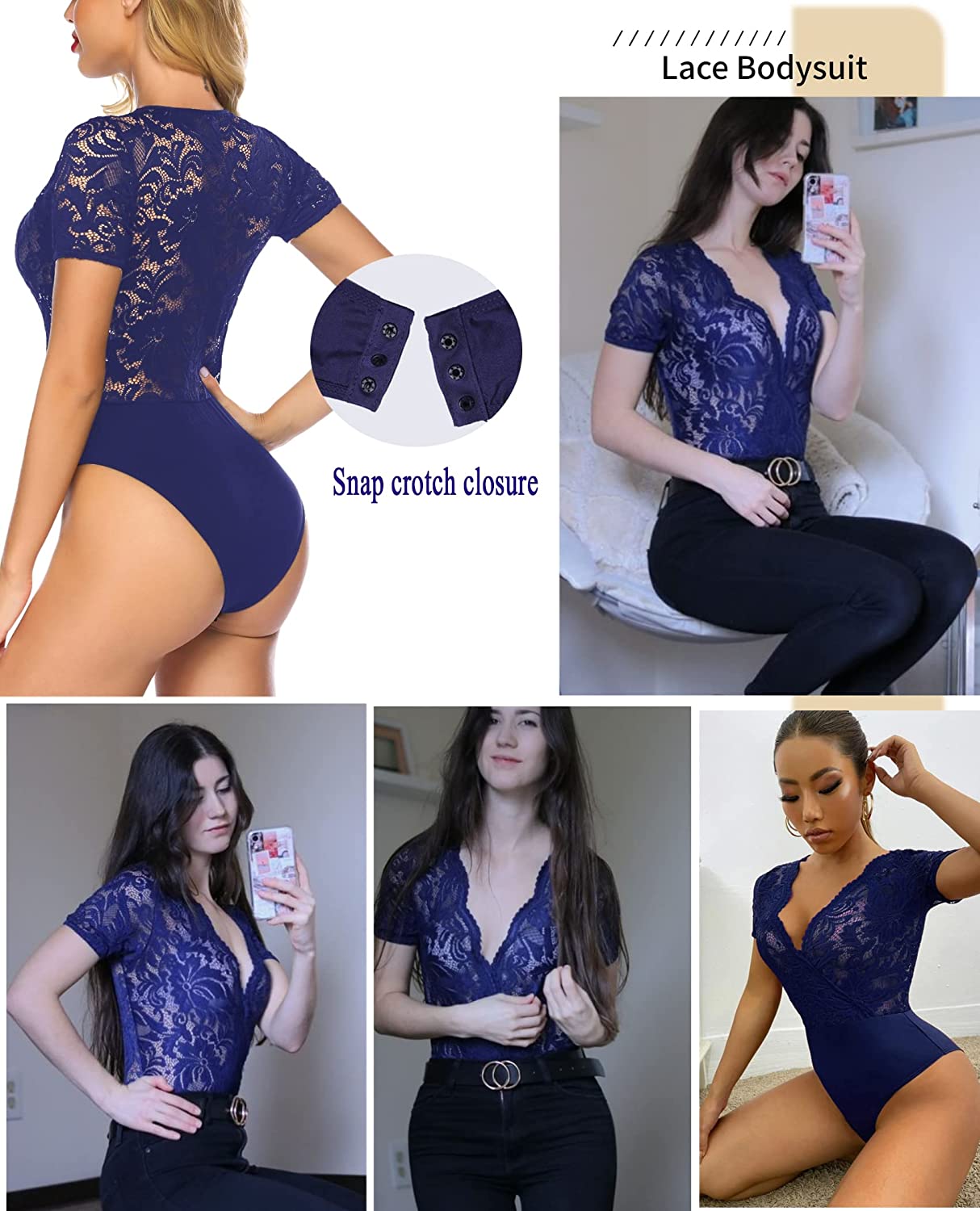 Avidlove Lace Short Sleeve Bodysuit Deep V Snap Crotch Clubwear Tops S-XXL