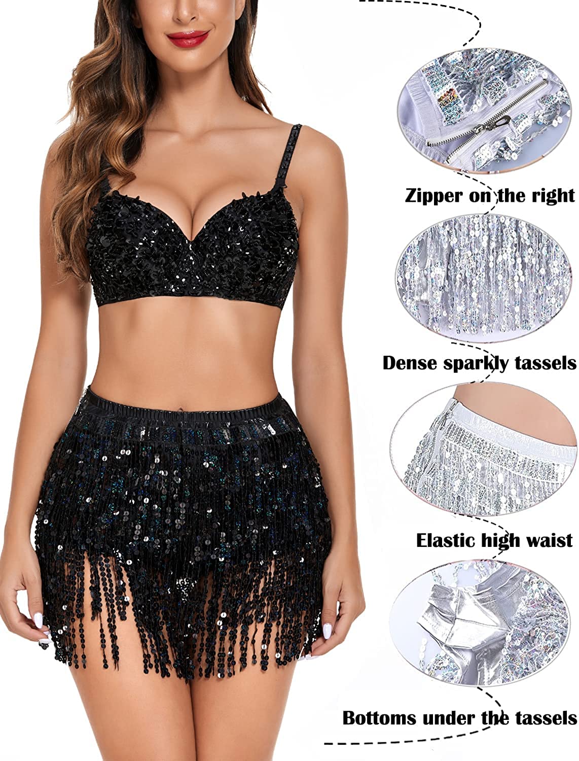 Avidlove Sequin Tassel Skirt Belly Dance Belt Dance Performance Skirt Party Rave Skirt for Women