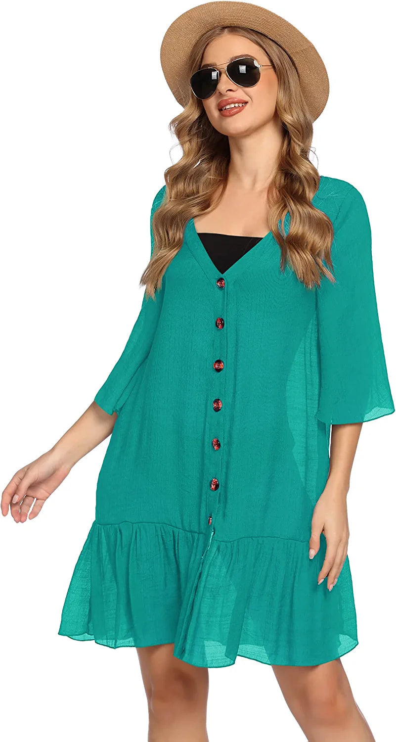 Avidlove Casual Swim Cover up V-Neck Summer Beachwear Coverups Flowy Short Sleeve Mini Beach Dress
