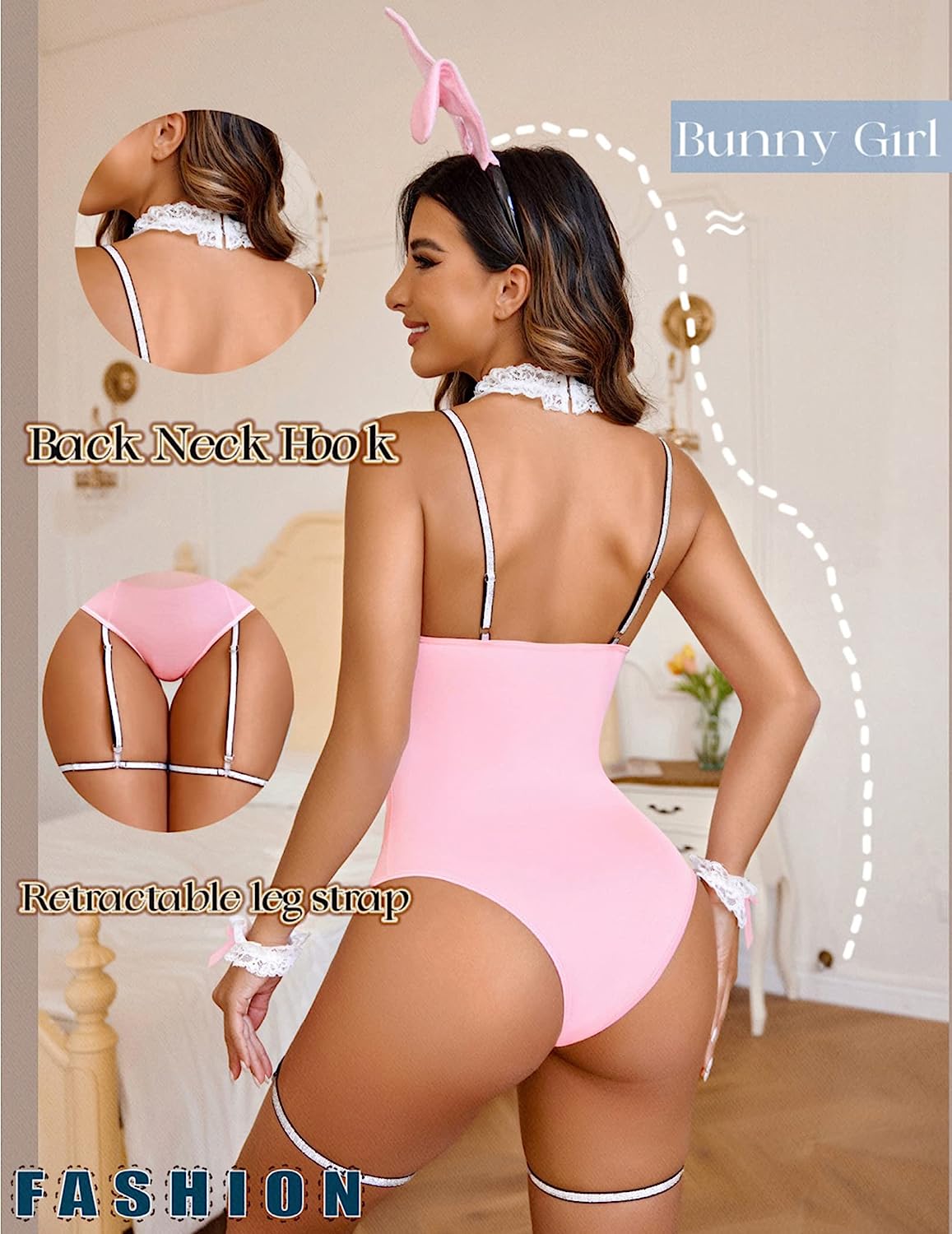 Avidlove Cosplay Lingerie Anime Costume Bodysuit Set Bunny Teddy Lingerie 3PC Maid Outfit