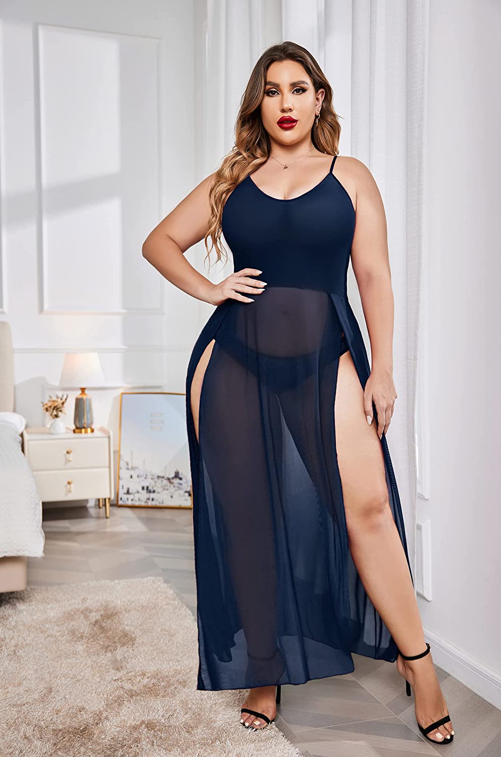 Avidlove Plus Size Dress For Babydoll Mesh Maxi Nightdress Strappy Exotic Sleepwear Side Slits