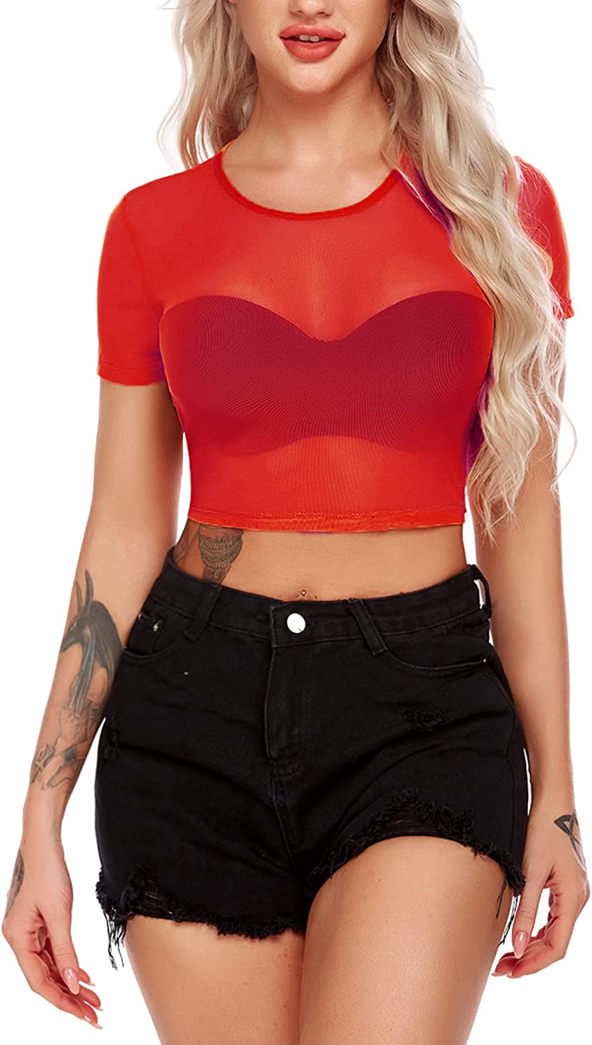 Avidlove Mesh Crop Top for Short Sleeve Bodycon Tees See Through Blouse O Neck Clubwear