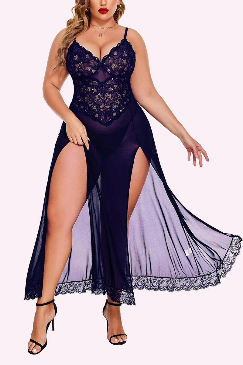 Avidlove Plus Size Lingerie For Babydoll Mesh Maxi Nightdress Strappy Exotic Sleepwear Side Slits
