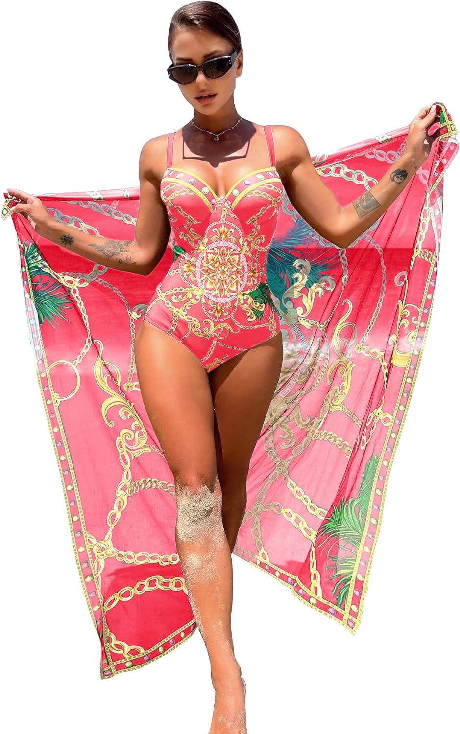 One Piece Swimsuit Women with Beach Cover Up Wrap Skirt Set