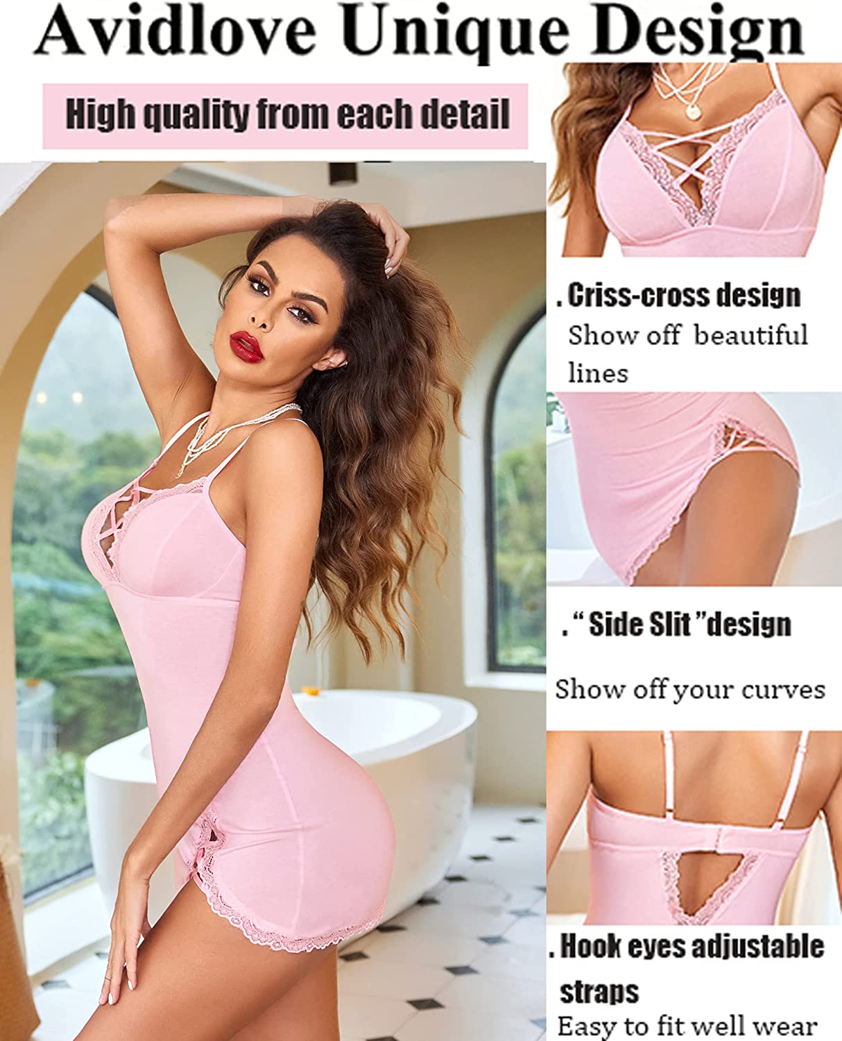 Avidlove Nightgown V-Neck Babydoll Chemises Lace Modal Sleepwear Full Slip Side Slit Sleep Dress XS-XL