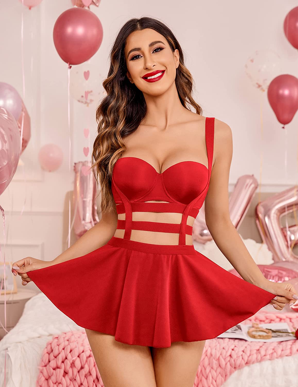 Avidlove Skirt A-Line Suspender Skort Pleated Short Braces Skirt