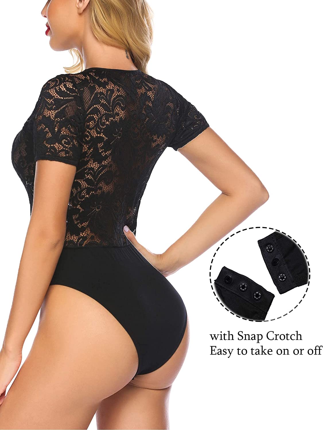 Avidlove Lace Short Sleeve Bodysuit Deep V Snap Crotch Clubwear Tops S-XXL