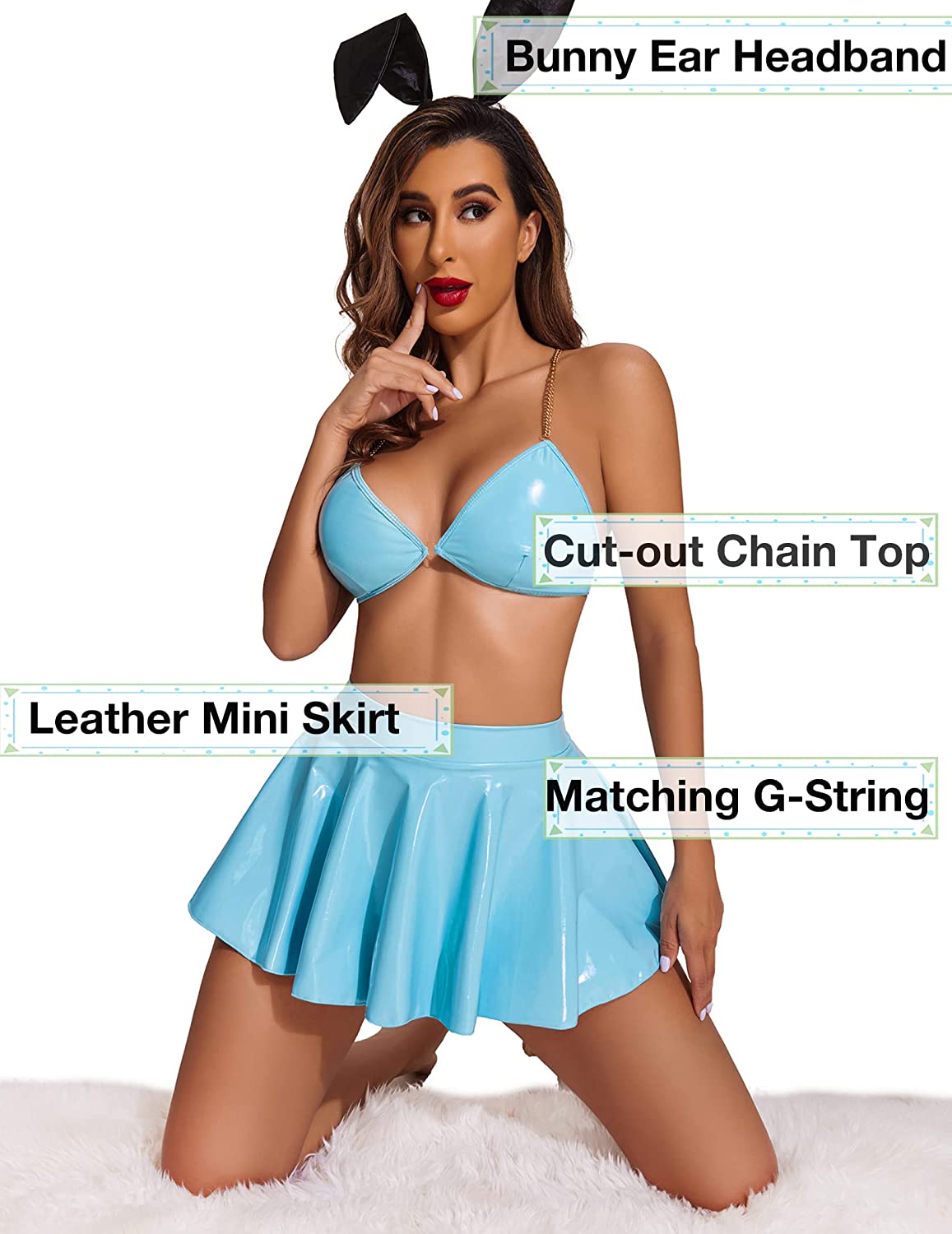 Avidlove Bunny Lingerie Cosplay Costume Leather 4pack Ring Chain Linked Cut-out Halloween Outfit Set