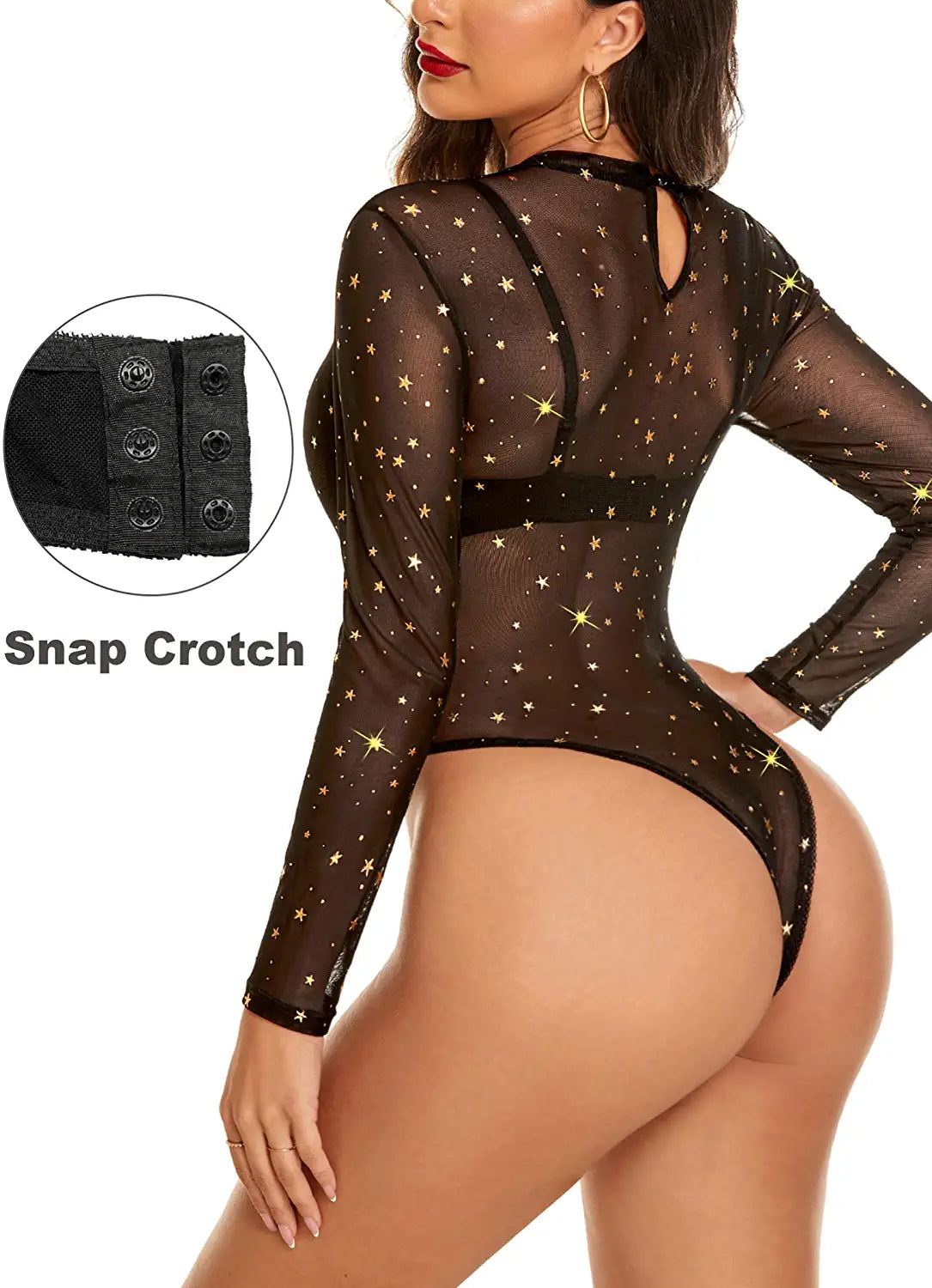 Avidlove Long Sleeve Mesh Bodysuit Round Neck Sheer Leotards Geo Print Bodysuit Top with Snap Crotch