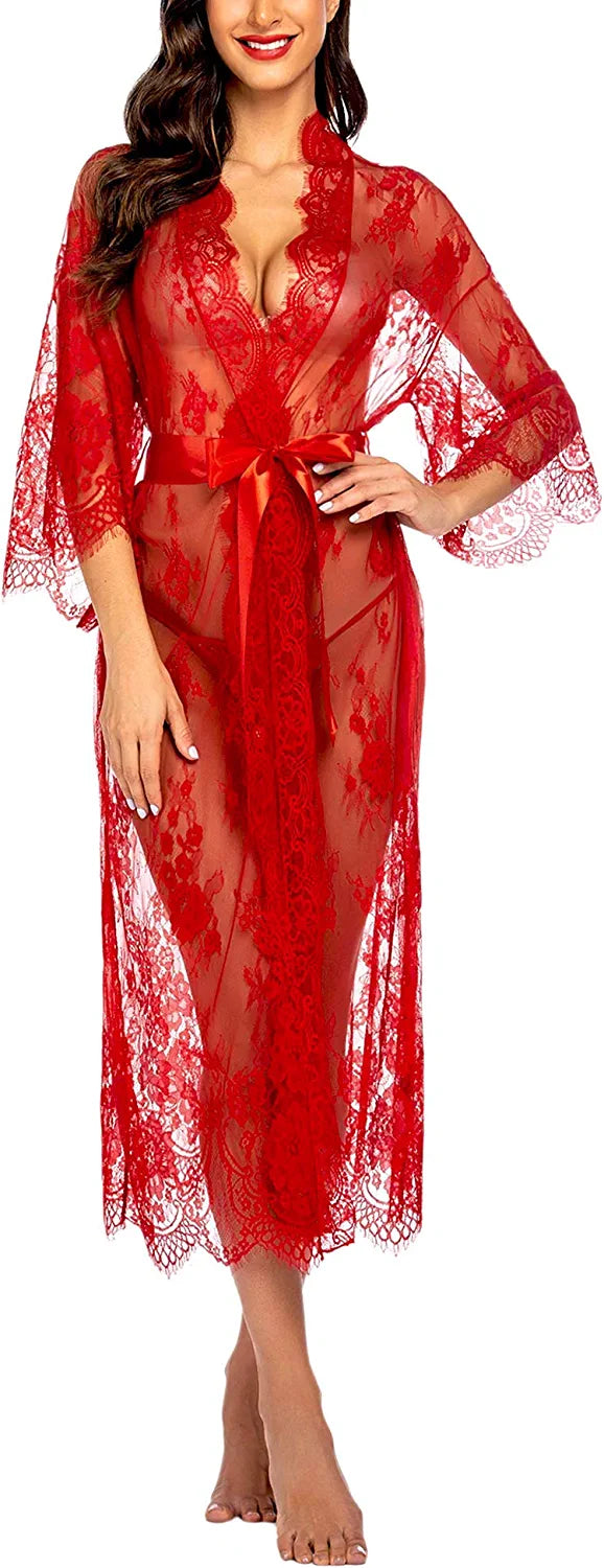 Avidlove Long Lace Lingerie Kimono Robe Sheer Babydoll Nightgown Nightdress