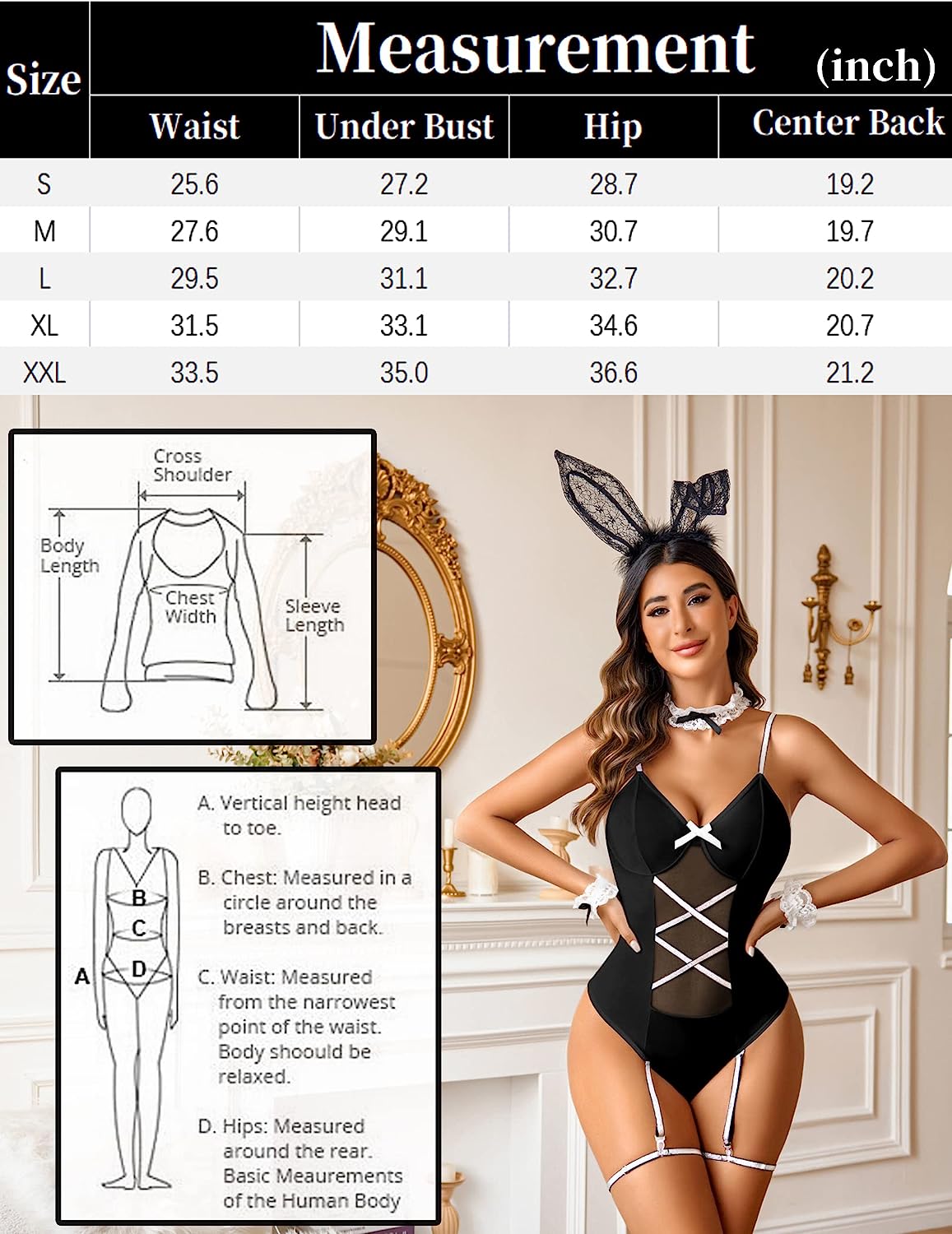 Avidlove Cosplay Lingerie Anime Costume Bodysuit Set Bunny Teddy Lingerie 3PC Maid Outfit