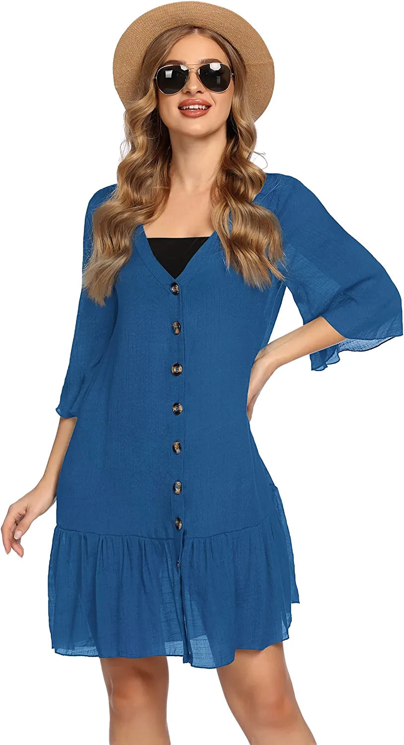 Avidlove Casual Swim Cover up V-Neck Summer Beachwear Coverups Flowy Short Sleeve Mini Beach Dress