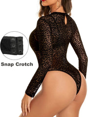 Avidlove Long Sleeve Mesh Bodysuit Round Neck Sheer Leotards Geo Print Bodysuit Top with Snap Crotch