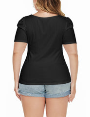 Print Square Neck Top Rib-Knit Puff Sleeve T-Shirt